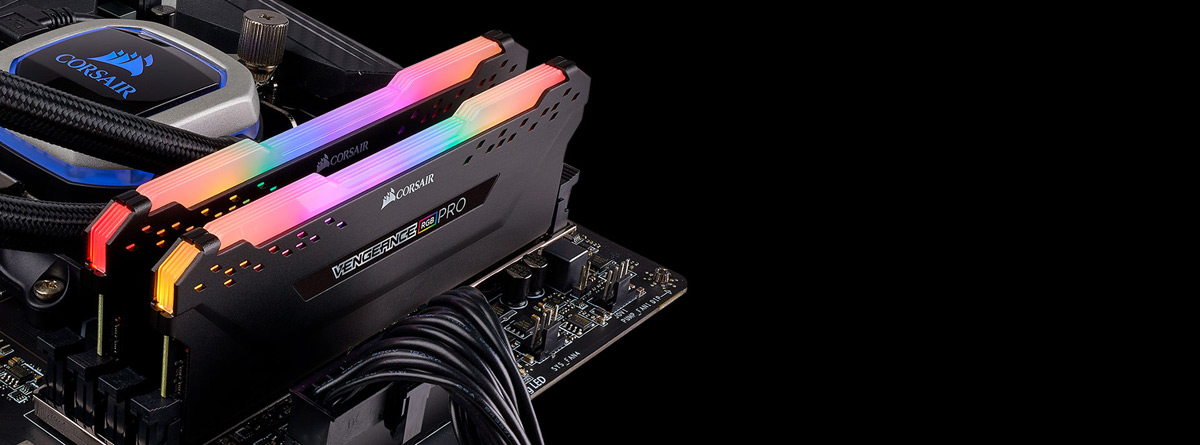 Two RAMs installed on motherboard, with rainbow RGB lighting